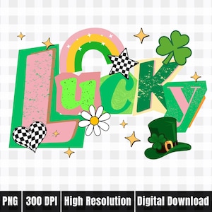 Könnte beinhalten: Buntes Grafikdesign mit dem Wort "LUCKY" im Retro-Stil. Das Design umfasst einen Regenbogen, ein Kleeblatt, einen Stern, eine Gänseblümchen sowie ein kariertes Herz und einen Stern. Ein grüner Leprechaun-Hut ist ebenfalls abgebildet. Digitaler Download.