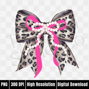 Leopard och rosa ginghamrosett PNG pärlkokettband ClipArt preppy djurtryck rosett trendig gepardskjortadesign för utskrift på begäran