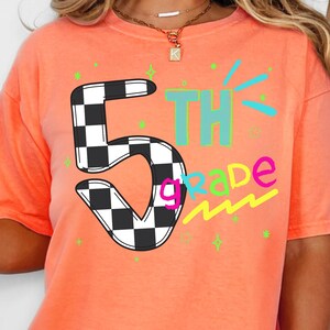 Retro Back to School Fifth Grade PNG Bright Preppy Checkered 5th Grade Sublimation First Day of School Designs Neon Retro Teacher Shirt
