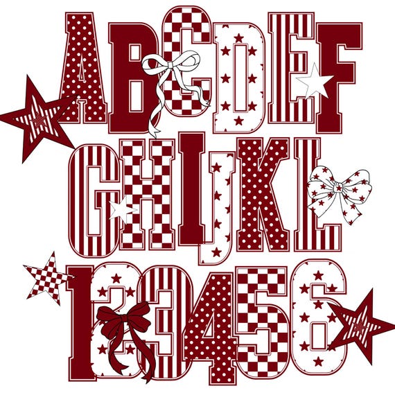 Maroon Varsity Letters Doodle Alphabet PNG Checkered Alpha Crimson Design Bubble Block Letter Burgundy Preppy Retro Clipart Bundle Monogram