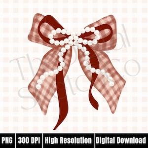 May include: A digital illustration of a decorative bow. The bow features a plaid pattern in shades of red and brown, with a darker red ribbon overlay. Strands of white pearls are arranged across the center. The image includes the text "PNG 300 DPI High Resolution Digital Download."