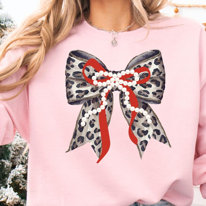 Leopard and Pearl Holiday Bow PNG Coquette Autumn Animal Print Design Trendy Watercolor Cheetah Ribbon Digital Download Christmas Bow Shirt