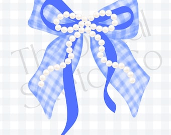 Blau und Weiß Schule Farben Bogen PNG Perle Gingham Bogen kokett ClipArt College Team Preppy Ribbon Fußball Design Girly Sport Mama Grafik