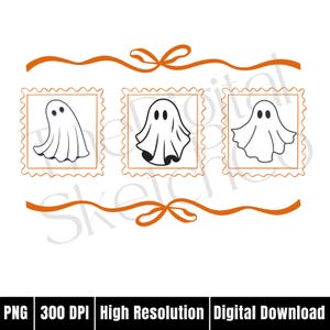 May include: A digital download graphic featuring three cartoon ghosts in postage stamp frames. The ghosts are white with black eyes and varying poses. An orange ribbon design with bows frames the ghosts. Text at the bottom reads "PNG 300 DPI High Resolution Digital Download."