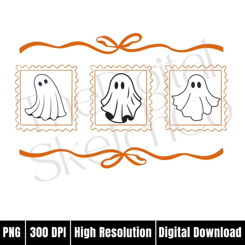 May include: A digital download graphic featuring three cartoon ghosts in postage stamp frames. The ghosts are white with black eyes and varying poses. An orange ribbon design with bows frames the ghosts. Text at the bottom reads "PNG 300 DPI High Resolution Digital Download."