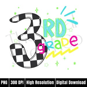 Retro Back to School Third Grade PNG Bright Preppy Checkered 3rd Grade Sublimation First Day of School Designs Neon Retro Teacher Shirt