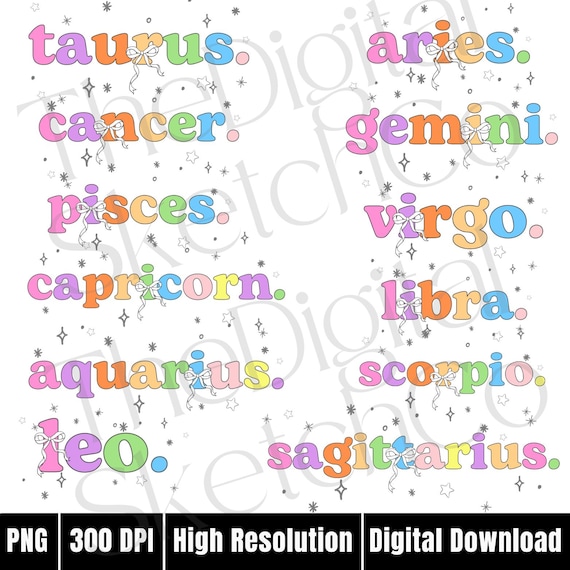 Coquette Zodiac Bundle PNG Horoscope Design Astrology Signs png Zodiac Signs Clipart Preppy Coquette PNG Girly Bestseller PNG Trendy