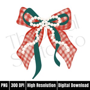 May include: A digital illustration of a decorative bow. The bow features a red and white checkered pattern with a dark green ribbon accent. A string of white pearls adorns the center. The image includes the text "PNG 300 DPI High Resolution Digital Download."