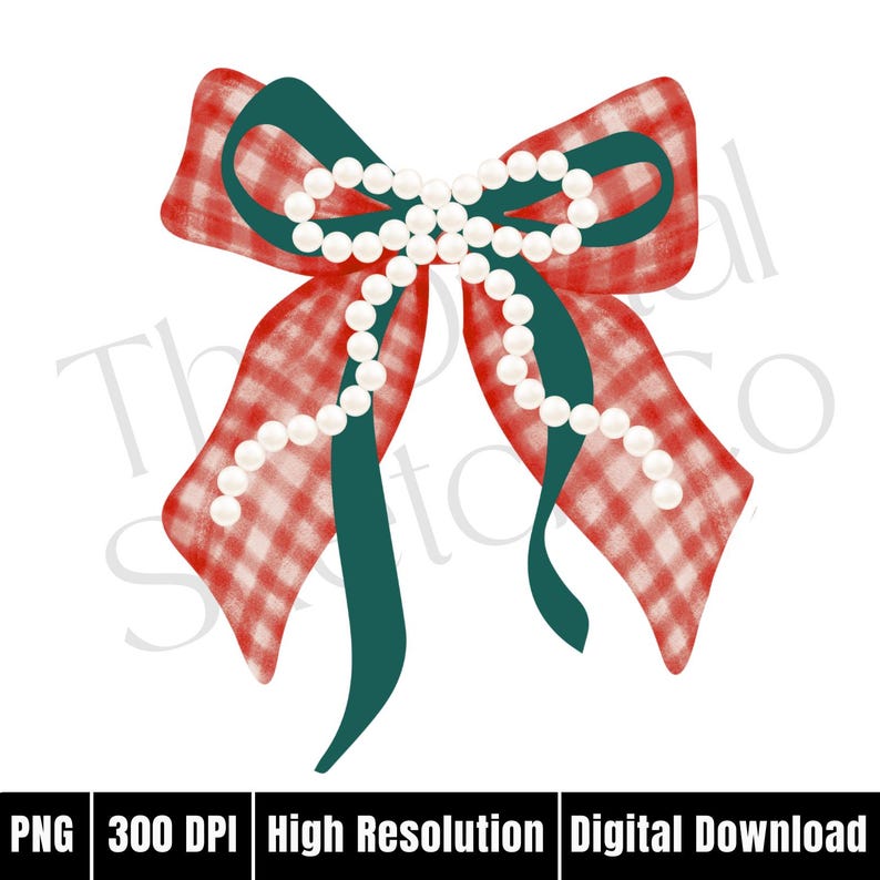 May include: A digital illustration of a decorative bow. The bow features a red and white checkered pattern with a dark green ribbon accent. A string of white pearls adorns the center. The image includes the text "PNG 300 DPI High Resolution Digital Download."