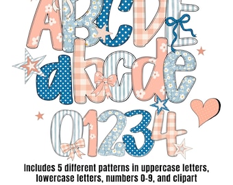Grandmillennial Alphabet PNG Letters Preppy Gingham and Floral Doodle Numbers Printable Pink Blue Canva Alpha Font Pack Set Template