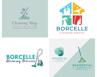 May include: Four different logos for cleaning services. The first logo is a blue and white mop with bubbles. The second logo is a house with four different cleaning tools inside. The third logo is a purple and green vacuum cleaner. The fourth logo is a blue and green mop with bubbles.