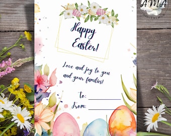 Pode incluir: Cartão de felicitações de Páscoa com ilustrações em aquarela de flores e ovos. O cartão diz "Feliz Páscoa!" e "Amor e alegria para você e suas famílias!" com espaços para escrever "Para:" e "De:"