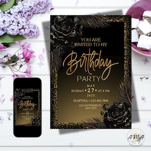 Black Gold Luxury Rose Happy Birthday Party Invitation 5 x 7 in