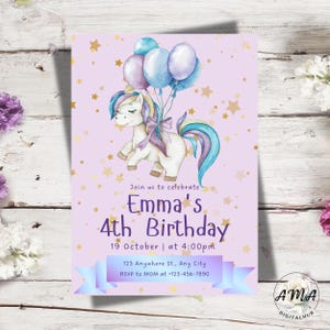 かわいいユニコーンの誕生日招待状: 編集可能で印刷可能なテンプレート – お子様の誕生日のための美しい招待状、Canva で編集可能