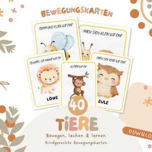 Könnte beinhalten: Ein Satz illustrierter Karten mit Tierzeichnungen und deutschem Text. Die Karten zeigen eine Biene, eine Schnecke, einen Löwen, einen Affen und eine Eule. Der Text enthält "BEWEGUNGSKARTEN" und "TIERE" mit der Zahl "40".
