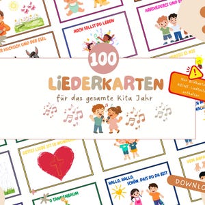 Könnte beinhalten: Eine Sammlung von 100 illustrierten Liedkarten für das gesamte Kindergartenjahr. Die Karten zeigen farbenfrohe Illustrationen von singenden Kindern, Noten und verschiedenen Themen. Der Text auf den Karten ist auf Deutsch.