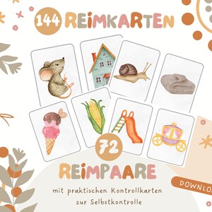 Könnte beinhalten: Eine Sammlung illustrierter Karten mit Bildern von Maus, Haus, Schnecke, Decke, Eis, Mais, Rutsche und Kutsche. Die Karten sind mit "144 Reinkarten" und "72 Reimpare" beschriftet. Das Design ist in Pastellfarben gehalten.