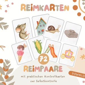 Reimkarten für Kinder | 72 Reimpaare mit Kontrollkarten | Sprachförderung Kita & Vorschule | PDF zum Ausdrucken und Laminieren XXL SET
