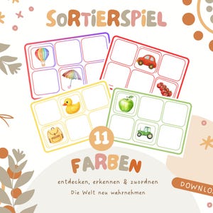 May include: An educational game with the text "SORTIERSPIEL" at the top. The game features illustrated cards with images of a hot air balloon, car, umbrella, duck, apple, backpack, tractor, and berries. The word "FARBEN" is also visible.