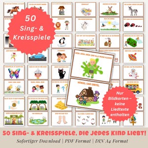 50 Sing- & Kreisspiele für den Morgenkreis – Kinder und  Kindergarten Material, Bildkarten als PDF, Bewegungsspiele Kinder OHNE TEXT