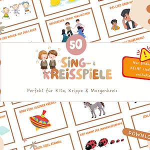 Può includere: Un set di carte illustrate per giochi di canto per bambini. Le carte presentano illustrazioni colorate e testo in tedesco, con il titolo "Sing- & Kreisspiele". Progettato per asili e scuole materne. Il pulsante "Download" è visibile.
