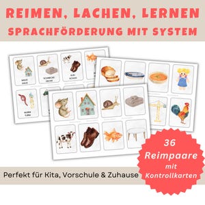 Könnte beinhalten: Lernkarten mit Illustrationen von Objekten und Tieren. Die Karten zeigen deutsche Texte, darunter die Wörter "REIMEN, LACHEN, LERNEN" und "SPRACHFÖRDERUNG MIT SYSTEM." Eine rote Grafik zeigt "36 Reimpaare mit Kontrollkarten."