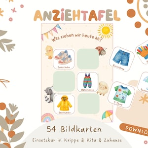 Pode incluir: Um quadro educativo imprimível intitulado ANZIEHTAFEL com a pergunta Was ziehen wir heute an? apresentando ilustrações em aquarela de peças de vestuário como tênis, uma capa de chuva e jardineiras, ao lado de cartões separados para shorts, luvas e um guarda-chuva.