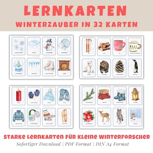 Winter Lernkarten für Kinder | 32 Montessori Flash Cards zum Ausdrucken | Winter-Thema Vorschule & Kindergarten | PDF Printable