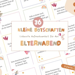 Könnte beinhalten: Eine Sammlung von 36 quadratischen Karten mit dem Titel Kleine Botschaften Liebevolle Aufmerksamkeit für den Elternabend, die deutschen Text sowie bunte Illustrationen von Regenbögen, Herzen, Sternen und einem Hasen in einem Raster zeigen.