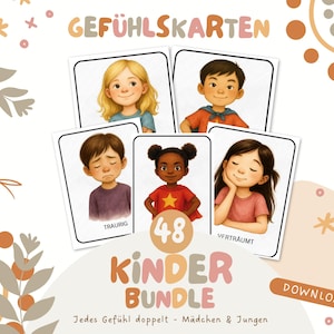 Puede incluir: Un conjunto de tarjetas de emociones con ilustraciones de niños que muestran diferentes sentimientos. Las tarjetas están etiquetadas con palabras alemanas y el texto "Kinder Bundle" se muestra en una fuente colorida. La imagen tiene una paleta de colores suaves y pastel.