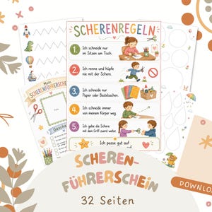 Op de afbeelding: Een set educatieve printbare vellen met de Duitse tekst SCHERENREGELN en SCHERENFÜHRERSCHEIN. De pagina's bevatten geïllustreerde instructies voor kinderen over veilig schaargebruik, oefeningen met vormen en een sjabloon voor een certificaat.