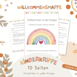 以下が含まれることがあります： 「WILLKOMMENSMAPPE」と「KINDERKRIPPE」の文字が遊び心のあるフォントで書かれた3つの情報ページ。中央のページには、ハートの付いた虹のグラフィックが描かれています。テキストには「Willkommen in der Krippe」と「10 Seiten」が含まれています。