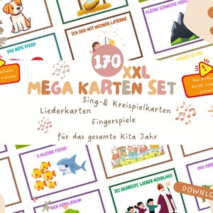 Könnte beinhalten: Ein Set illustrierter Karten für Kinder mit farbenfrohen Bildern und deutschem Text. Die Karten sind für Sing- und Kreisspiele konzipiert, mit insgesamt 170 Karten im Set. Die Karten sind für das gesamte Kindergartenjahr.