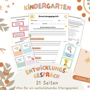Könnte beinhalten: Ein Set aus ausdruckbaren Unterlagen für Kindergarten-Entwicklungsgespräche, bestehend aus weißen Blättern mit schwarzem Text, Überschriften wie Entwicklungsgespräch, Linien für Notizen sowie bunten Illustrationen von Sonne, Biene, Lupe und Pokal.