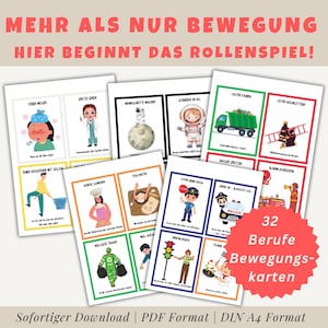 32 Bewegungskarten Berufe für Kinder – Rollenspiel, Bewegungsspiel, Kita, Grundschule, PDF zum Ausdrucken