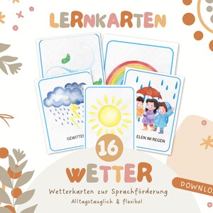 Wetter Lernkarten Kinder | 16 Bildkarten Wetter | Sonne Regen Schnee Regenbogen | Sprachförderung Kita & Vorschule | PDF Download