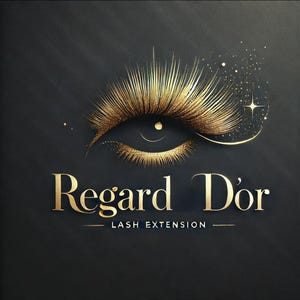 May include: A gold eye with long eyelashes and glitter, with the text "Regard D'or Lash Extension" below.
