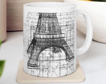 Eiffel Tower Blueprint Ceramic Mug Parisian Coffee Cup, Paris Souvenir, Architectural Gift, Traveler's Tea Mug,Teacher Mug Gift,Engineer Mug