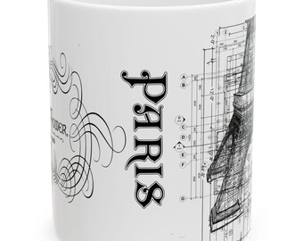 Paris Eiffel Tower Blueprint Ceramic Mug,Architect Mug,Engineer Mug,Teacher Mug Gift,Architectural Gift, Traveler's Tea Mug, French Decor