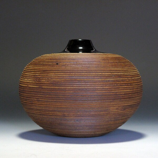 Handmade Stoneware Squat Vessel in Rust and Black