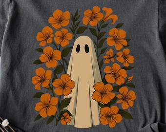 Comfort Colors Ghost and Orange Floral T-Shirt, Vintage Spooky Fall Tee, Halloween Shirt