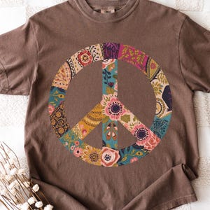 Boho Patchwork Peace Sign Comfort Colors Tee, Retro Floral Shirt