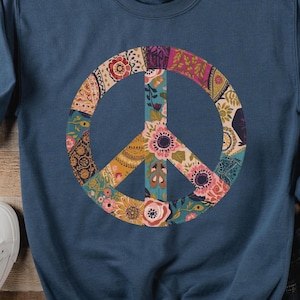 Boho Peace Sign Sweatshirt, Patchwork Floral Pullover
