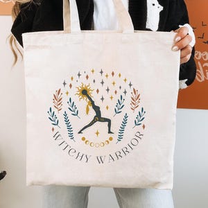 Witchy Warrior Yoga Tote Bag , Halloween Tote, Boho Cotton Canvas Bag,  Gift for Yogis, Witches & Spiritual Souls, Reusable Witchcore Bag