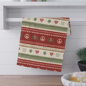 Boho Christmas Cotton Tea Towel, Peace Sign Holiday Kitchen Decor