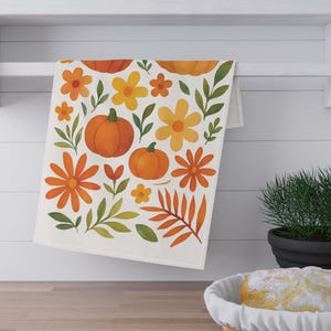 Floral Pumpkin Tea Towel, Fall Kitchen Decor, Autumn Dish Towel, Orange Yellow Green Leaves, Thanksgiving Hostess Gift, Fall Towel