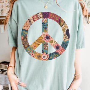 Boho Patchwork Peace Sign Comfort Colors Tee, Retro Floral Shirt