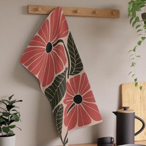 Floral Tea Towel, Bold Red Flowers, Modern Cotton Kitchen Decor