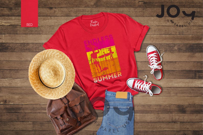 May include: A red t-shirt with "ENDLESS SUMMER" text and graphic, paired with red sneakers, a straw hat, a brown backpack, and blue jeans. The image is on a wooden surface.