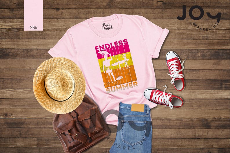 May include: A light pink t-shirt with the words "ENDLESS SUMMER" and a graphic of a person surfing. The image also includes a straw hat, brown backpack, blue jeans, and red sneakers.